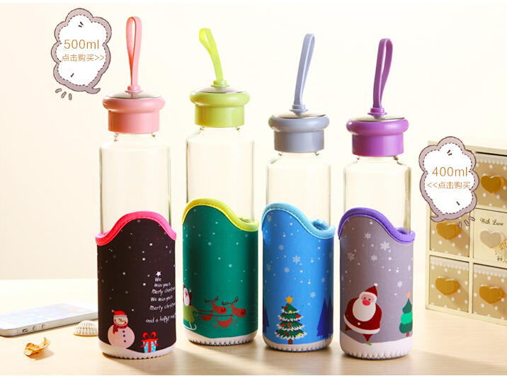 Christmas water bottle BPA Borosilicate Glass Water Bottle with Colorful Nylon Sleeve