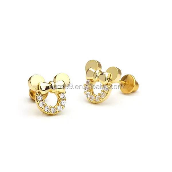 Boucles d'oreilles souris en acier inoxydable, plaqué or 14k, zircone cubique, vis à l'arrière, pour bébés filles, nouvelle collection