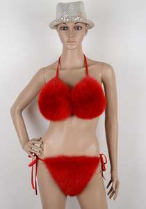 طقم بكيني من فرو الثعلب الأصلي بلون مخصص للنساء ، ملابس داخلية صيفية سميكة منفوشة للشاطئ ، حمالة صدر مثيرة قابلة للفصل ، سروال من فرو الثعلب الحقيقي - Product Image 3