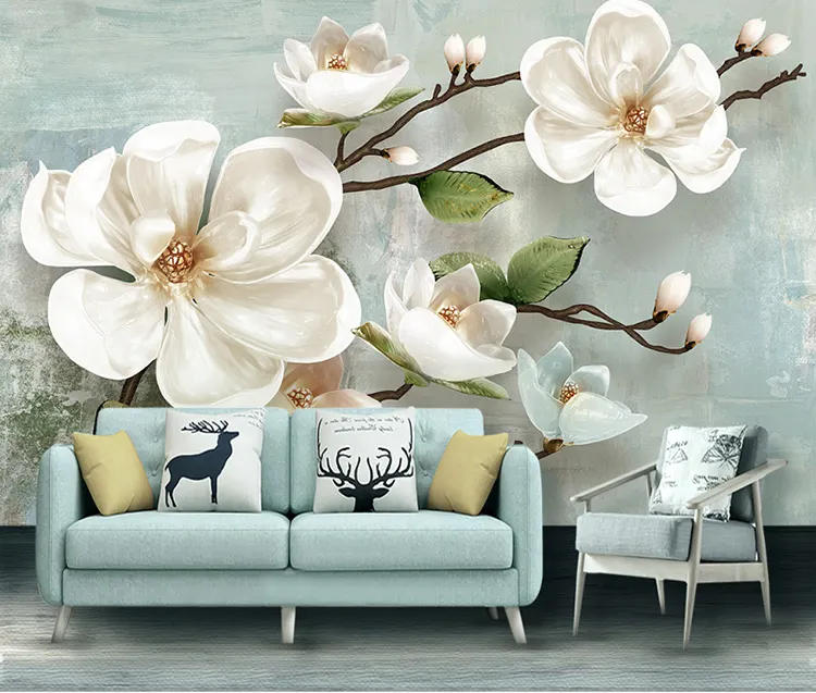 wall paper home decoration nordic 3d embossed vinyl wallpaper magnolia modern flower wall mural