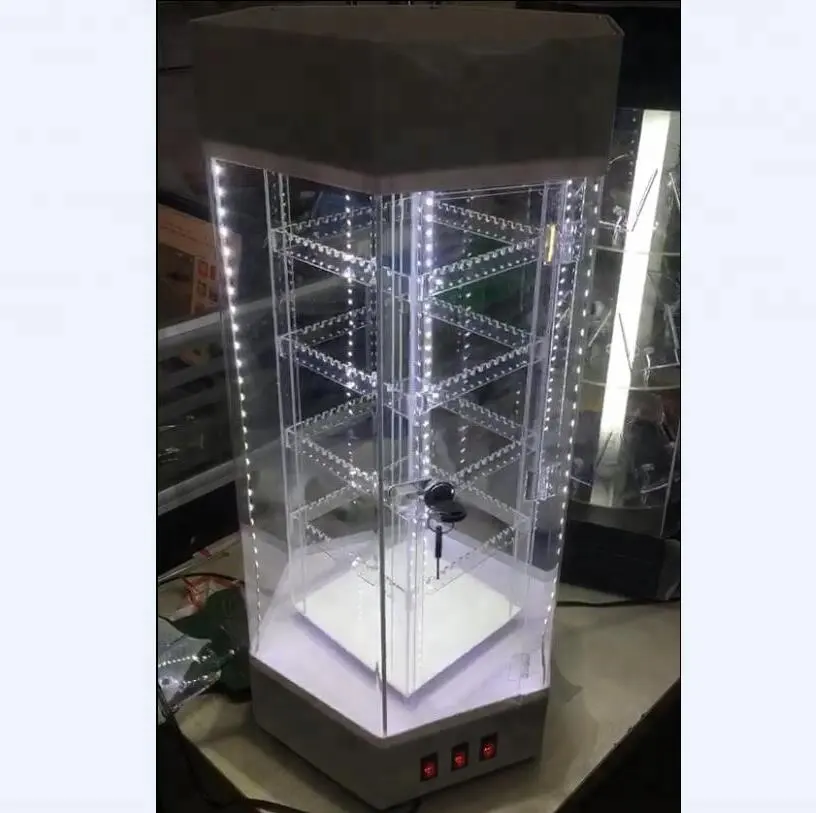 Acrilico trasparente di Rotazione Dei Monili di Caso di Esposizione Con Illuminazione A LED