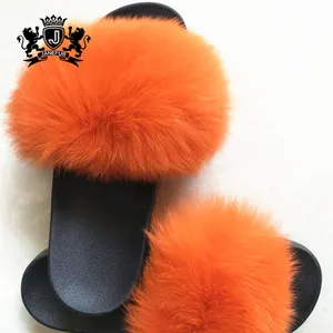 ผู้หญิงยอดนิยมรองเท้าราคาถูกขายส่ง Fur รองเท้าแตะสไลด์ที่กำหนดเอง Fluffy Fox Fur รองเท้าแตะ