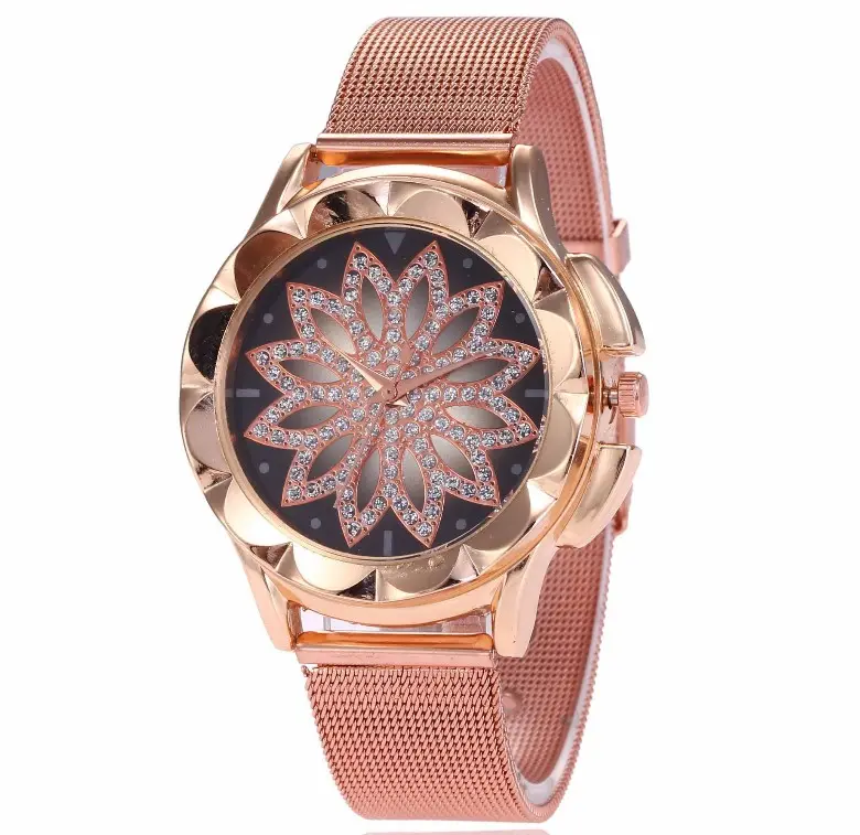 Famous Stainless Steel Watches Crystal Rose Gold Round Vintage Case Band Mirror Sapphire Glass Japan Automatic Women Watch