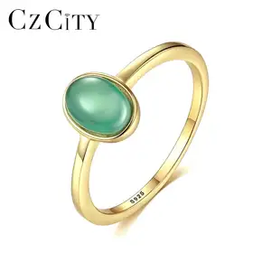 CZCITY Cincin Pertunangan Hijau Wanita, Perhiasan Cincin Jari Mewah Bentuk Oval Mode Baru 925 Perak Murni