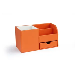 Decorative orange stitching plain leather desk top organizers, desk organizer pen holder, mail organizer