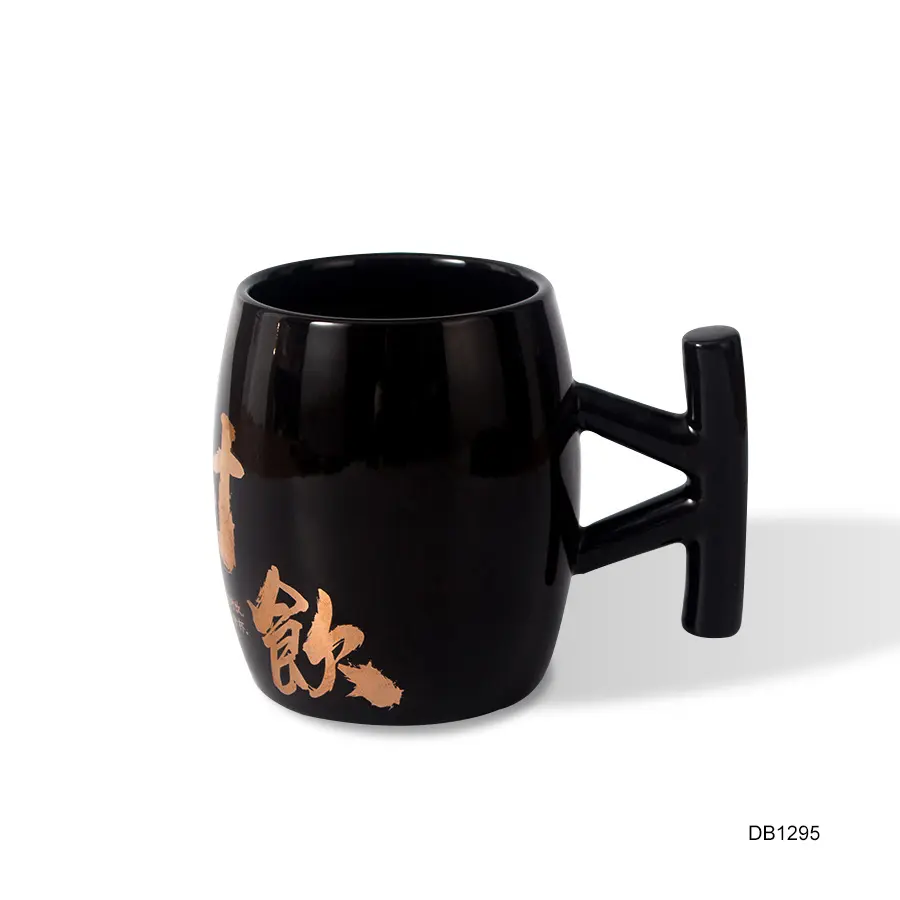 Gegalvaniseerde Zwarte Koffie Kop En Mok Keramische Mok Met Deksel En Handvat Drum Vormige Keramische Mok Koffie Met Gouden Kleur afdrukken
