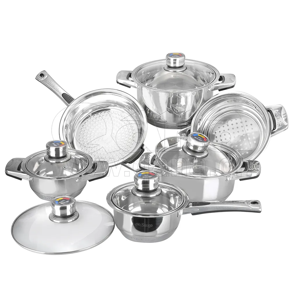 QANA फैक्टरी थोक OEM गर्म बेच 12pcs स्टेनलेस स्टील मेयर घर प्रेरण cookware सूप स्टॉक खाना पकाने के बर्तन बर्तन