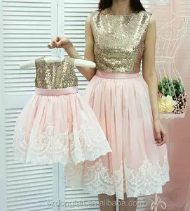 Groothandel Wedstrijd Moeder En Dochter Jurk Meisjes Mama En Me Roze Kant Goud Sequinstutu Party Dress