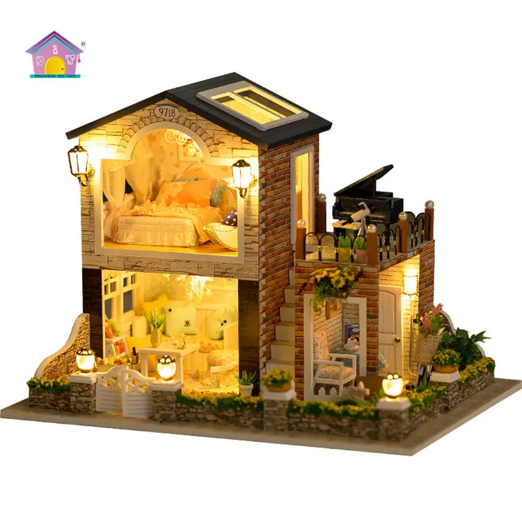 Preço de fábrica com luz diy bonecas, miniatura, brinquedos divertidos, madeira, plástico, miniatura, casa, bonecas, conjuntos de móveis
