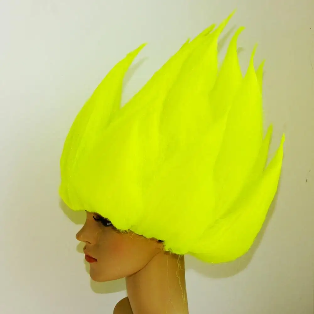 Fabrika toptan moda sivri saç Neon sarı yangın peruk doğum günü partisi için