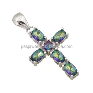PES Fashion Jewelry! Religious Vintage Cross Blue Mystic Topaz Women's Pendant Necklace (PES3-1499)