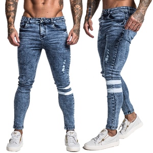 Jeans Skinny da <span class=keywords><strong>Uomo</strong></span> Super Elasticizzati con Nastro Bianco, <span class=keywords><strong>Pantaloni</strong></span> in Denim Elasticizzato Skinny Danneggiati e Strappati - Product Image 1