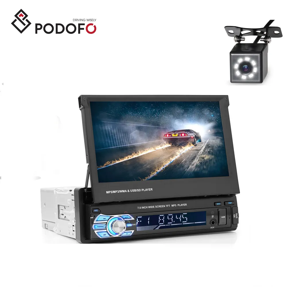 Podofo araba Stereo radyo çalar BT 1Din 7 "HD geri çekilebilir dokunmatik ekran monitör DVD MP5 oynatıcı + 8 IR arka görüş kamerası