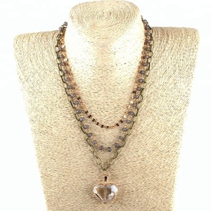 אופנה <span class=keywords><strong>3</strong></span> שכבה מרובה זכוכית קריסטל מחרוזת קישור שרשרת זכוכית לב תליון שרשראות - Product Image 3