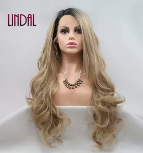 LINDAL 耐热 ombre free part curly gluless material colored 优质波浪免费送货合成假发