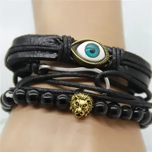 DIY Knit Pak Lederen Armband Gevlochten Knoop Combinatie, Keramische Bead Lion GOLD Eye Haak