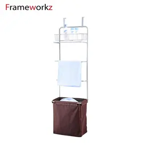 Over The Door Towel Rack/Hanging Towel Rack With Laundry Hamper/Metal Hang Over The Door Bath Rack With Hamper Bag