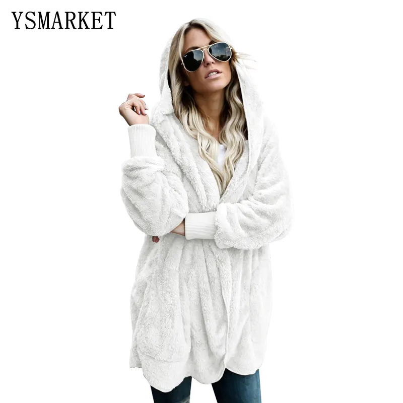 YSMARKET Winter Herbst Frauen Loose Soft Fleece Hooded Open Front Coat Taschen Langarm Hooded Cardigans Warmer Mantel E85111