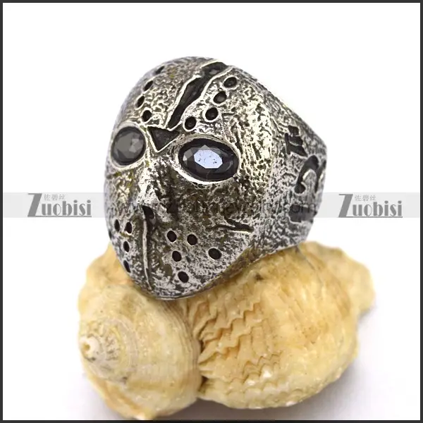 Trang Sức Cổ Điển Sáng Bóng Bạc Khắc Jason Hockey Mask Skull Ring Với Đen Onyx Rhinestone Mắt