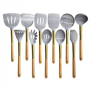 11Pcs Dining utensil set kitchen utensils set merble silicone utensil with wooden handle