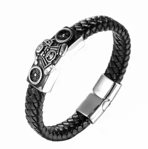 Fashion Jewelry Stainless steel motorcycle logo chain leather bracelet women men biker bangle gifts