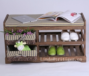 <strong>Wooden</strong> <strong>Shoe</strong> Rack <strong>Storage</strong> <strong>Bench</strong> Removable <strong>Cushion</strong> <strong>and</strong> 2 Rattan Basket Drawers - Product Image 2