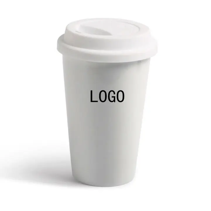 Custom sublimation double wall ceramic coffee mug travel coffee cup with silicone lid