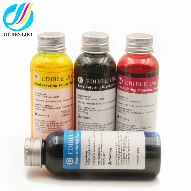 Ocbestjet impressora para bolos, impressora de 100ml por garrafa, 4 cores, refil de tinta comestível para máquina de impressão de café