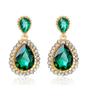 Hot Selling Fancy Gold Plated Crystal Rhinestone Paved Women Earrings Big Emerald Diamond Long Stud Drop Earrings