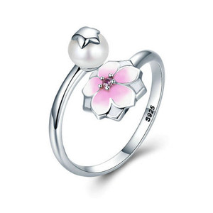 Vendita in fabbrica 925 argento Sterling perla d'acqua dolce smalto <span class=keywords><strong>fiore</strong></span> <span class=keywords><strong>di</strong></span> <span class=keywords><strong>loto</strong></span> anello aperto per le donne - Product Image 1