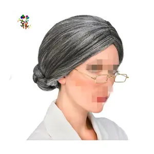 Peruca de cabelo sintético para mulheres adultos, cor cinza, velha, festa, HPC-1120