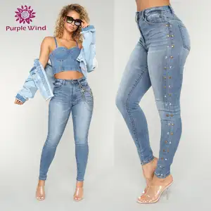 Venta al por mayor skinny con diseño de remache de cintura alta azul real jeans Mujer