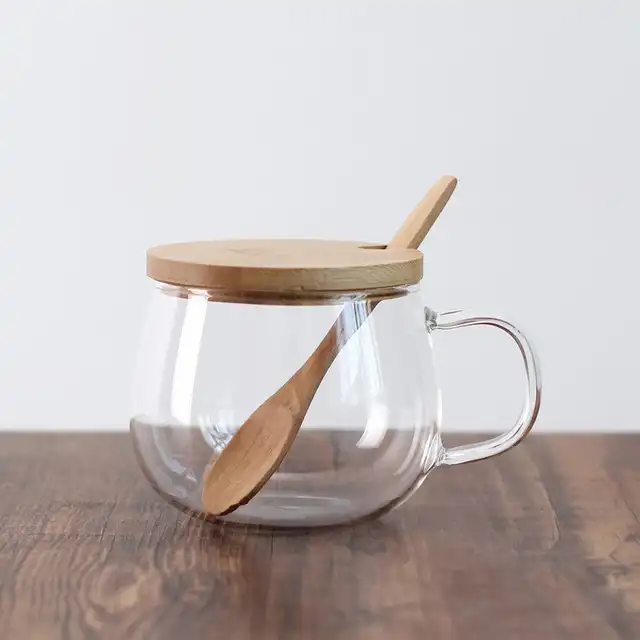 2019 New Style Wood Bamboo Lid Borosilicate Glass Tea/ Coffee/Water Mug With Bamboo Spoon