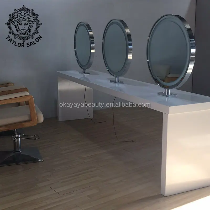 Wholesale salon mirrors hairdresser round double sided salon styling stations triple seaters hairdressing mirror