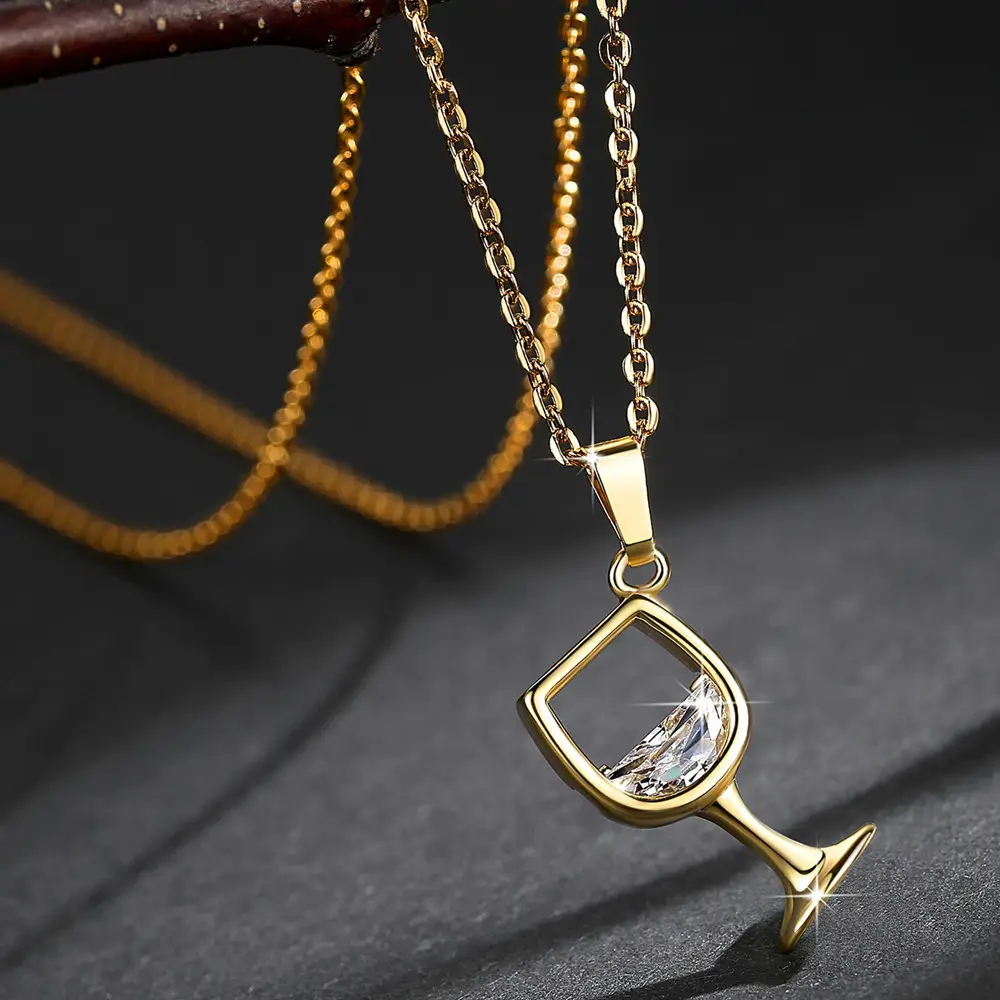 Creative Environmental Copper Shiny Zircon Necklace Wine Glass Gold Plated Pendant Necklace