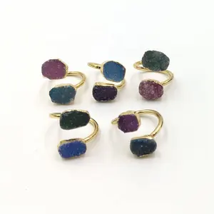אופנה אגת Druzy עיצוב טבעת סיטונאי כפול אבן טבעות זהב מצופה שני אגת Druzy צבעים Geode תכשיטים