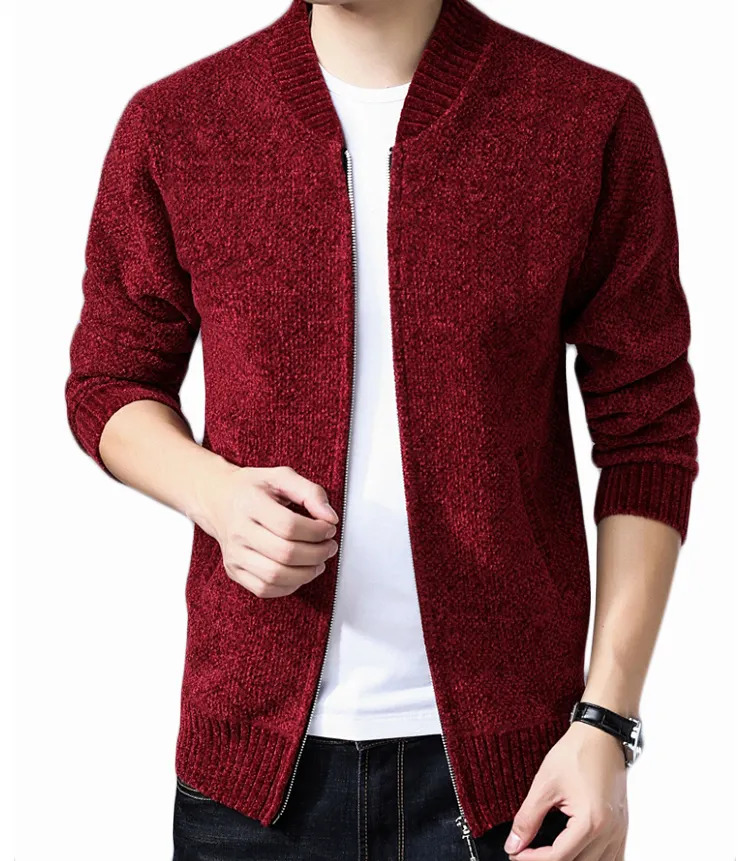 Latest Oem Blank Design Plain High Collar College Sweater Chenille Full Zipper Casual Mens Big Knitted Cardigan Coat