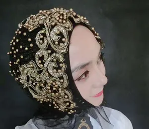 蕾丝珍珠珠饰纱布围巾批发穆斯林头巾