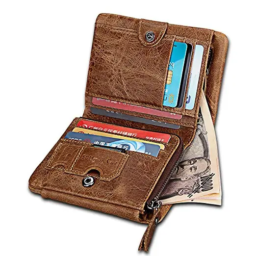 Men RFID Blocking Trifold Wallet Vintage Leather Bifold Zipper Pocket Card Holder