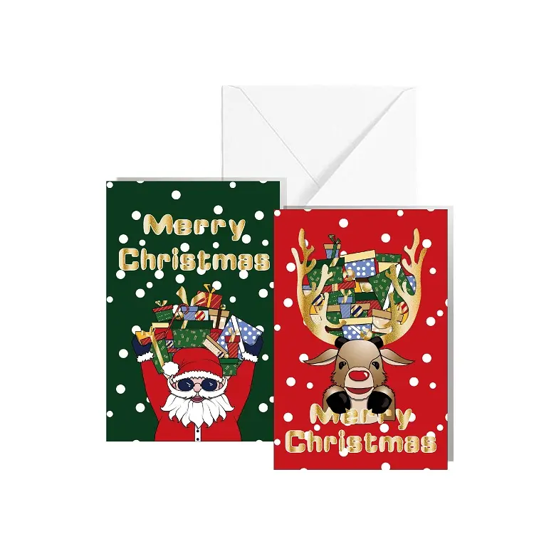 Komik noel baba altın folyo baskı tasarım 4X6 Merry Christmas kartları ile zarf