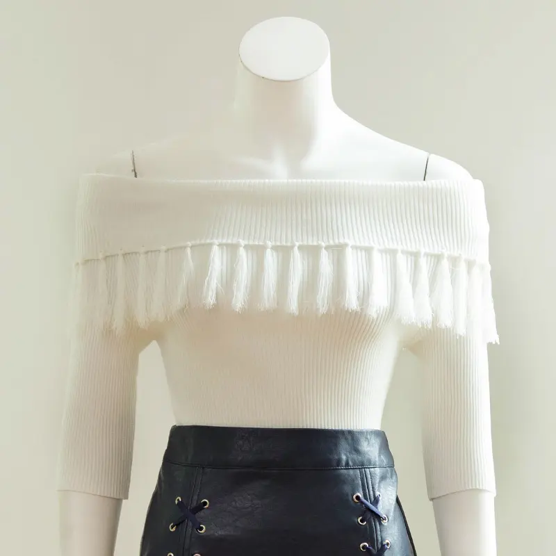 유럽과 미국 가을 스웨터 tassels 스타일 bardot 보트 넥 오프 숄더 셔츠 하프 슬리브 패션 캐주얼 숙녀 니트 탑