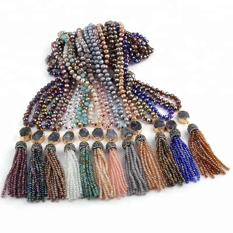 الأزياء 24 لون تختار النساء قلادة العرقية البوهيمي القبلية والمجوهرات متعددة الزجاج معقود Druzy صلة الكريستال شرابة قلادة