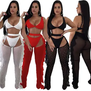 Pakaian Wanita 3 Buah, Jumpsuit Jala Backless Berlian Imitasi Mutiara, Set Atasan dan Celana Crop Tembus Pandang, Lingerie Seksi