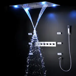 Bathroom Thermostatic Faucets Luxury LED Colorful Lights Sanitary Ware Stainless Steel Ceiling Rainfall Shower Set with body jet