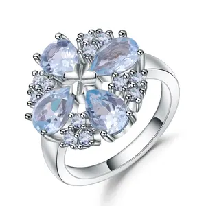 Abiding wholesale natural blue topaz fashion jewelry ring gemstone finger custom sterling silver flower rings