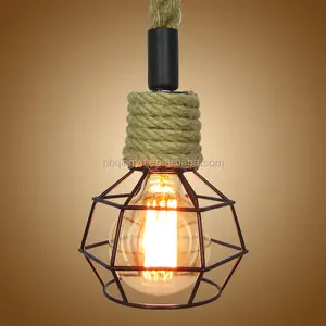 Vintage Iron Cage Light Hemp Rope Loft Style Pendant Lights for Home Decor retro ceiling lamp