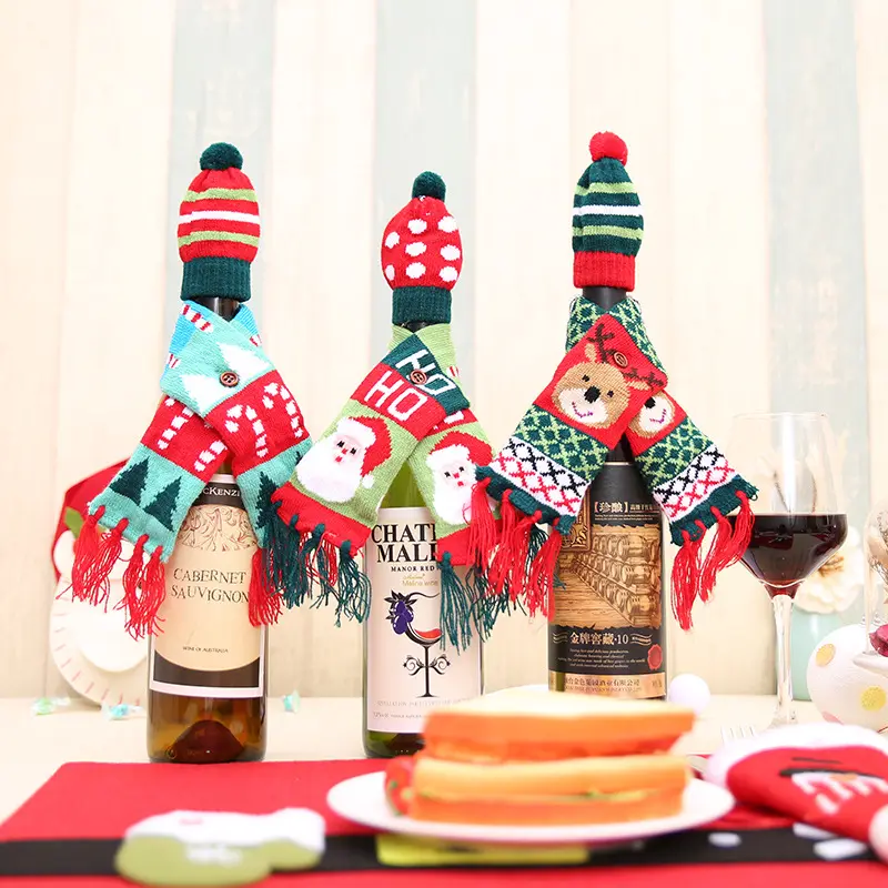 หมวกและผ้าพันคอถักขนาดเล็กสำหรับขวดไวน์,ของตกแต่งเทศกาลคริสต์มาส