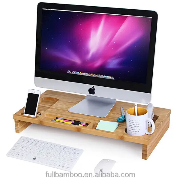 Bamboo Monitor Stand Riser with Storage Organizer, Laptop Cellphone TV Printer Stand Desktop Container