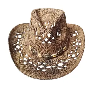 Sombrero de vaquero de paja de papel de rafia, sombrero de vaquero de ventilación