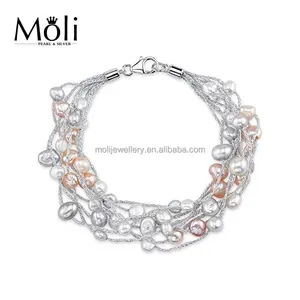 Fashion Style 925 Silver Clasp Multi Strand Small Size 4-5mm Pearl Bracelet Jewelry for Brides Gift